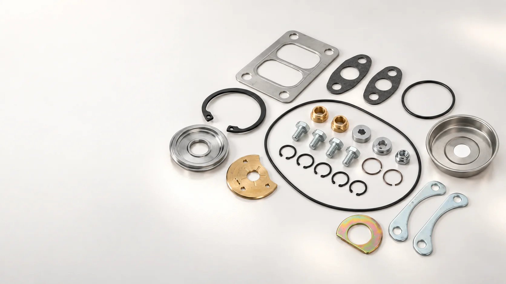 Illustration of a turbo repair kit with gaskets, retaining rings, bolts and bearing components