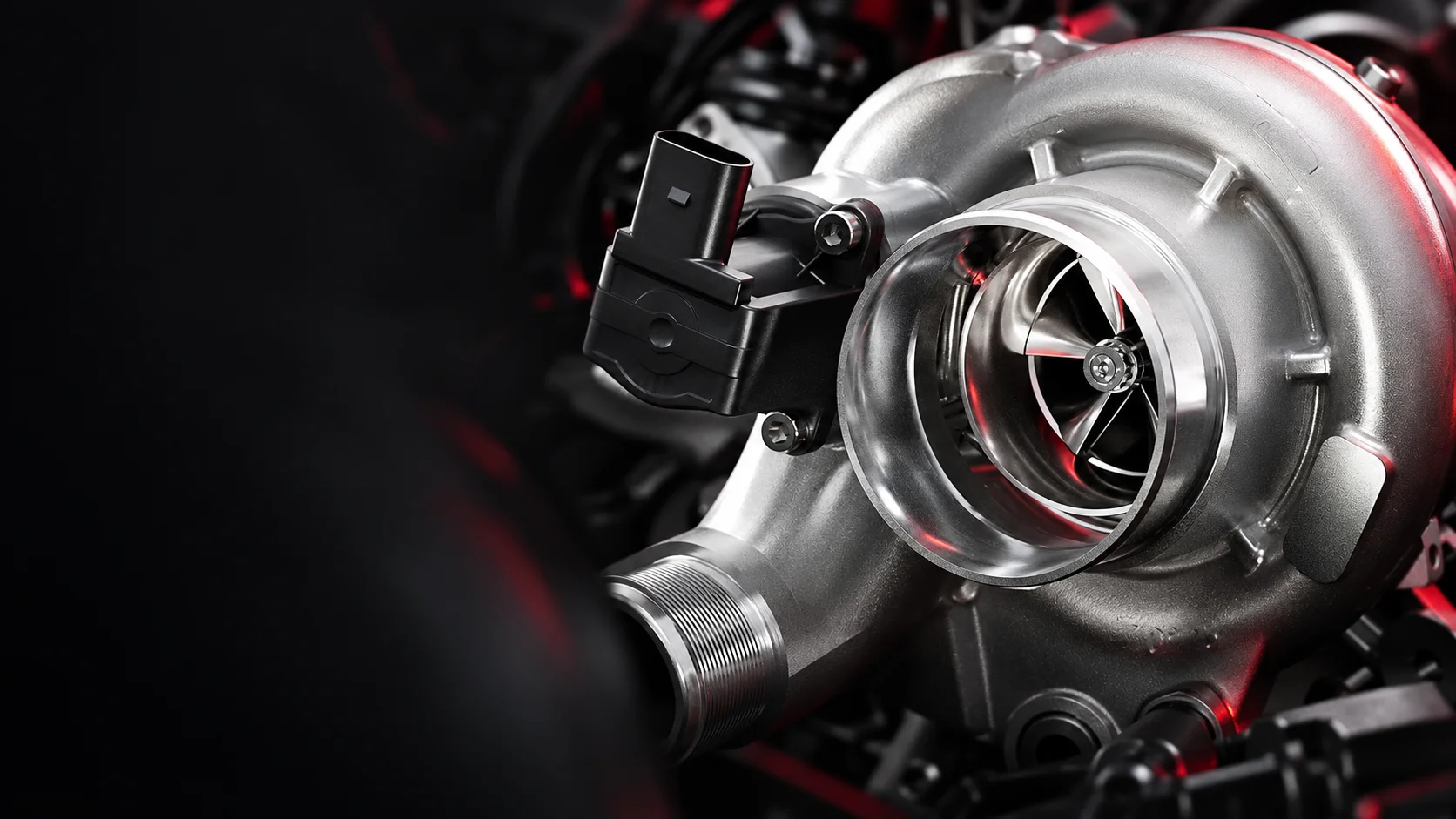 Turbocharger artwork with silver housing and red highlights